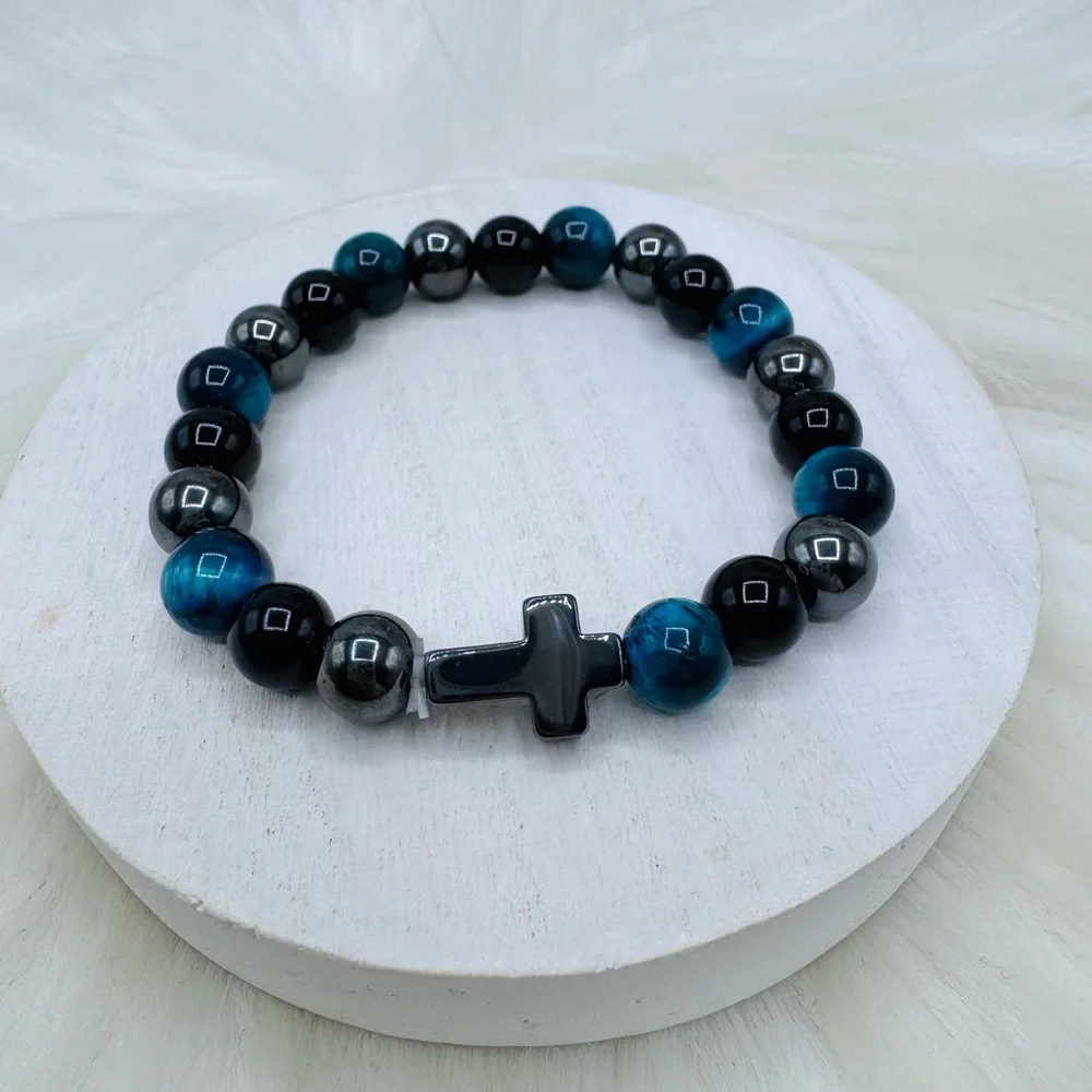 Tiger Eye mix, Blue and Black Beaded Cross Bracelet - Women’s Jewelry